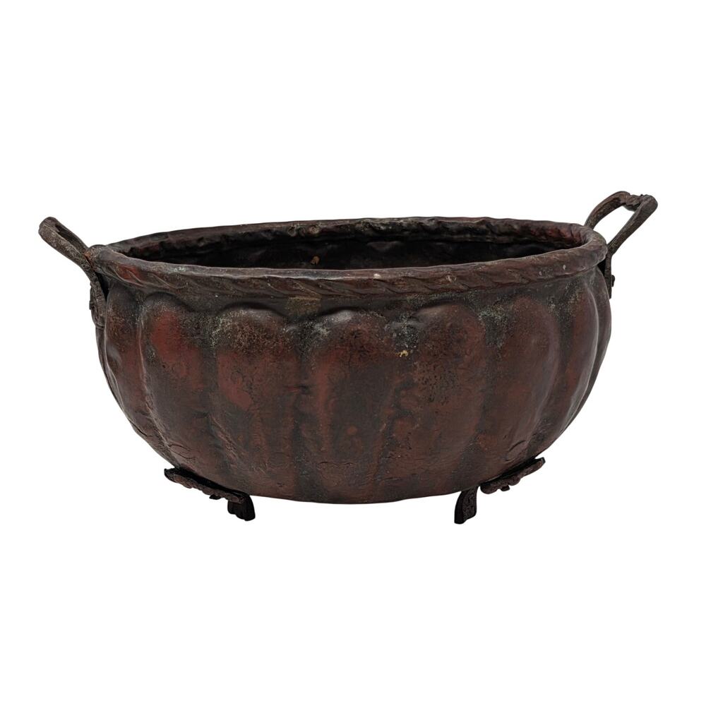 Vintage Hammered Copper Tone Jardiniere Planter Bowl w Handles & Feet